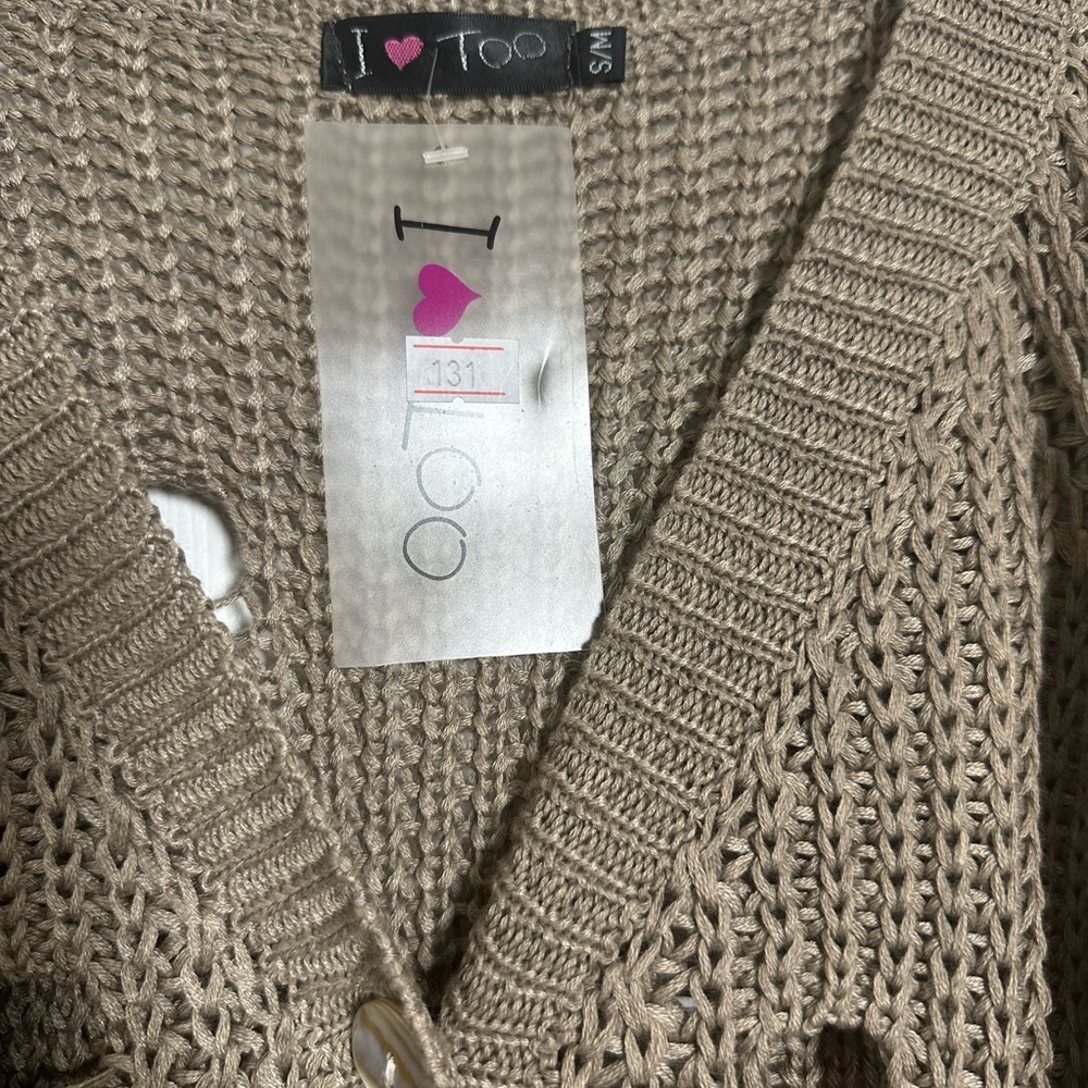 Tan Cardigan Sweater V-Neck Ribbed - Picture 5 of 6